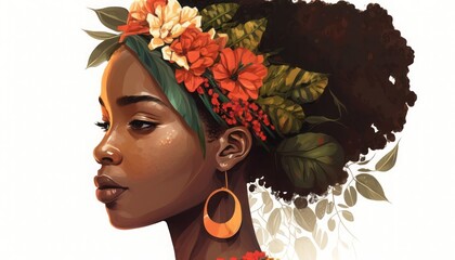 Woman's Day, 8 of March, African Woman with flowers in hair, generative ai