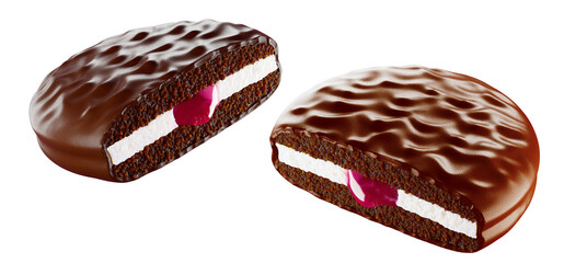 Choco pie chocolate biscuits with marshmallow isolated background. Snack food. 3d illustration
