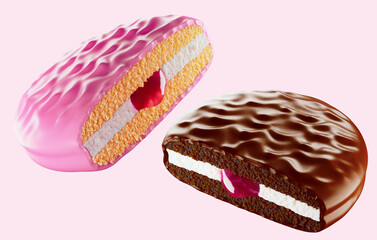Choco pie chocolate biscuits with marshmallow isolated background. Snack food. 3d illustration