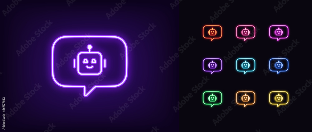 Poster outline neon bot message icon set. glowing neon bubble message frame with chat bot sign, robot head 