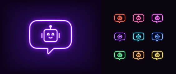 Outline neon bot message icon set. Glowing neon bubble message frame with chat bot sign, robot head pictogram. Virtual assistant, live chatbot support, smart bot with command control.
