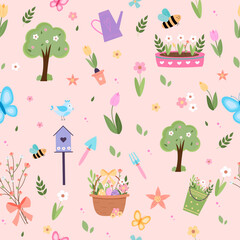 Spring elements collection cute birds bees flowers butterflies easter eggs hand drawn elements. pattern