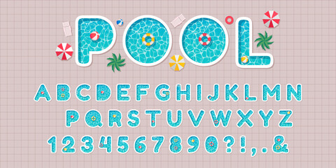 Pool party font. Swimming pools alphabet letters and numbers with water surface texture, beach umbrellas and swim rings vector set
