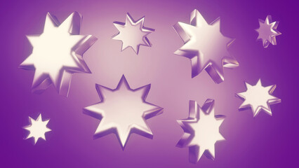 3d render scene, many floating shiny metallic white stars in different positions on purple background. Set of sun-shaped geometric objects. Futuristic cosmic wallpaper. Horizontal composition.