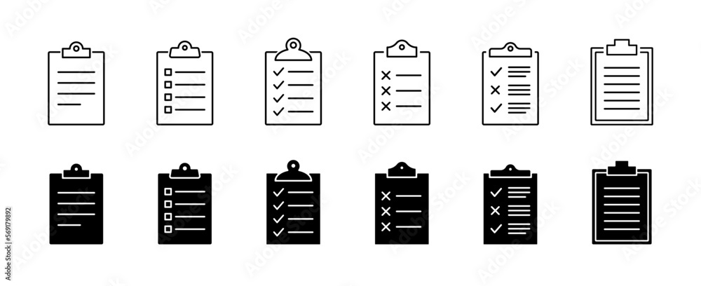 Aufkleber clipboard icon set. clipboard with checklist icon. document with checkmark, cross