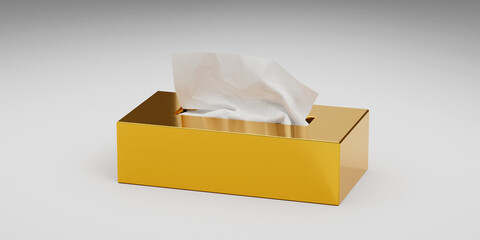 Golden box of tissues. White floor. State of valuable emotions.