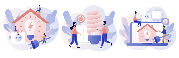 Energy saving. Sustainability concept. Reduce energy consumption at home. Unplug appliances and use energy saving light bulb. Modern flat cartoon style. Vector illustration on white background