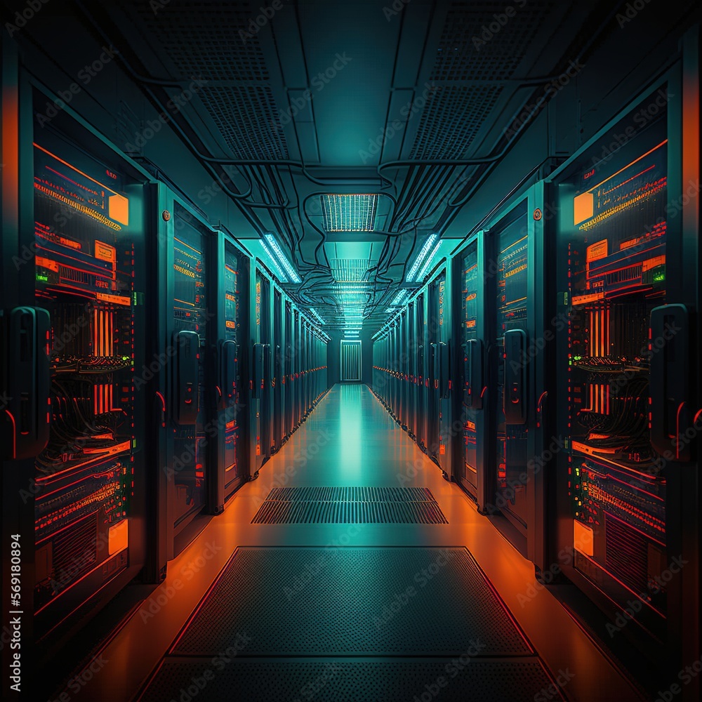Poster corridor in working data center full of rack servers and supercomputers with internet connection, ge
