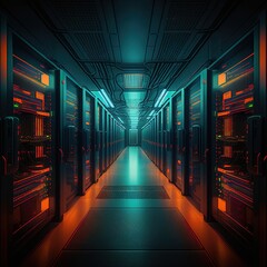Corridor in Working Data Center Full of Rack Servers and Supercomputers with Internet connection, Generative AI