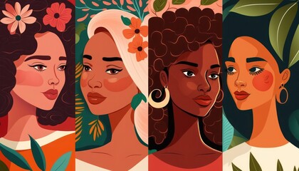 Women's Day, 8 of March, cartoon women's portraits of different races and nationalities, generative ai