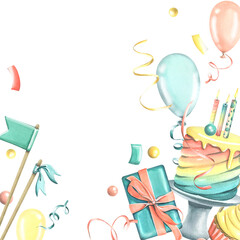 Birthday cake with candles, flags, gifts, balloons, confetti. watercolor illustration. A frame from the HAPPY BIRTHDAY collection. For the design and decoration of greetings, invitations, postcards