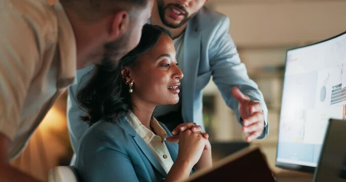 Night, computer and designer team in office for teamwork, creative and idea with mockup screen. Design, collaboration and business people working late on group proposal, logo or online project