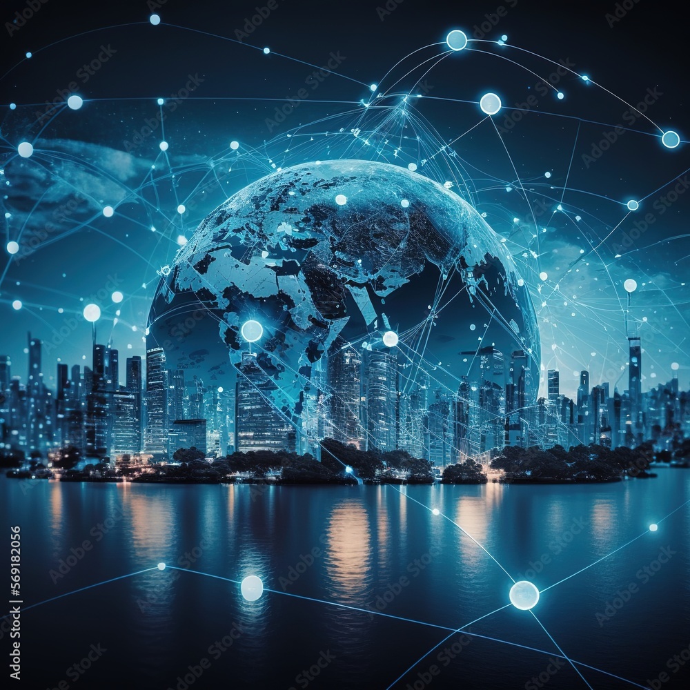 Poster smart city with connection to glowing particle lights, generative ai