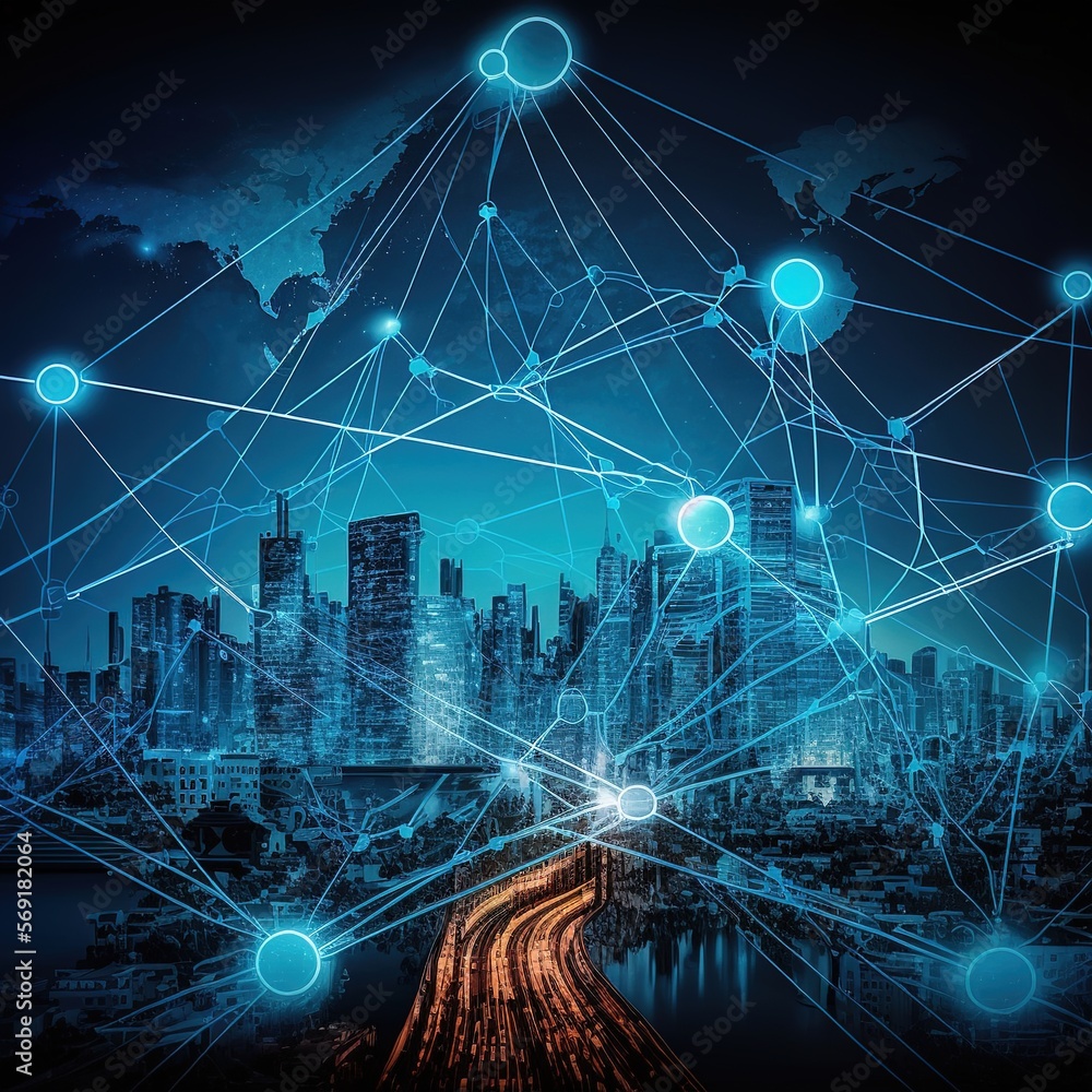 Poster smart city with connection to glowing particle lights, generative ai