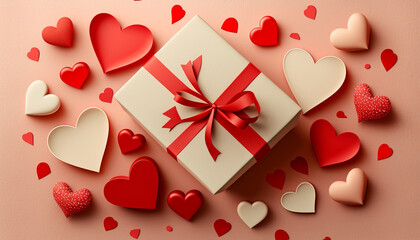 The Valentine's Day background serves as the setting for a flat lay greeting composition that presents a gift box and a collection of red hearts.