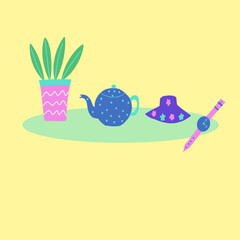 Set of objects that one can buy second hand: plant, teapot, hat, watches. Cute design, flat vector illustration. 