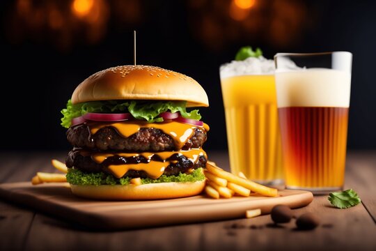 Un burger double steack sur une planche en bois avec deux verres - generative AI