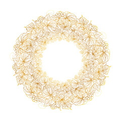Round grape wreath or frame of grape berries and grape leaves. Vector grape gold border