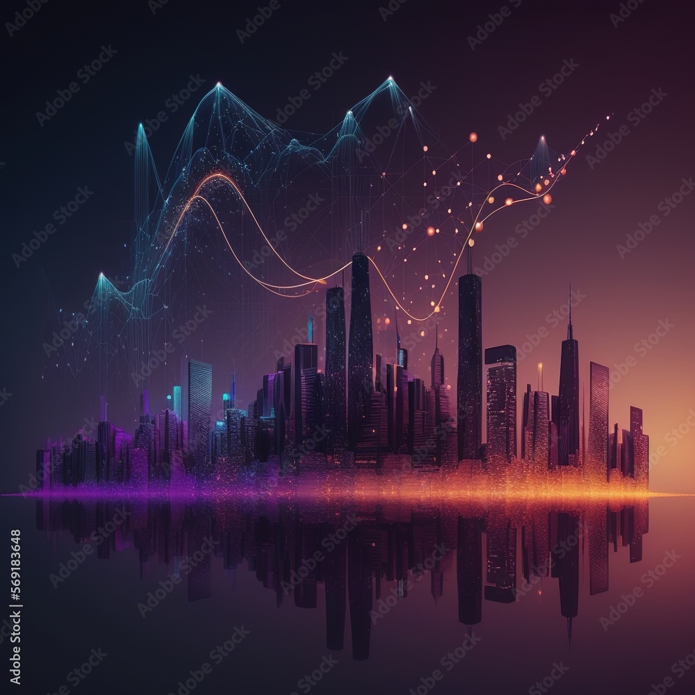 Poster abstract dot point and smart city link to gradient line and aesthetic concept of intricate wave line