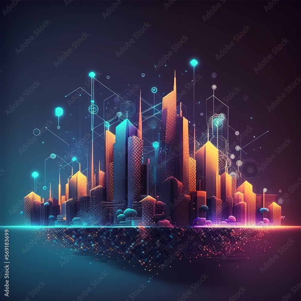 Poster abstract dot point and smart city link to gradient line and aesthetic concept of intricate wave line