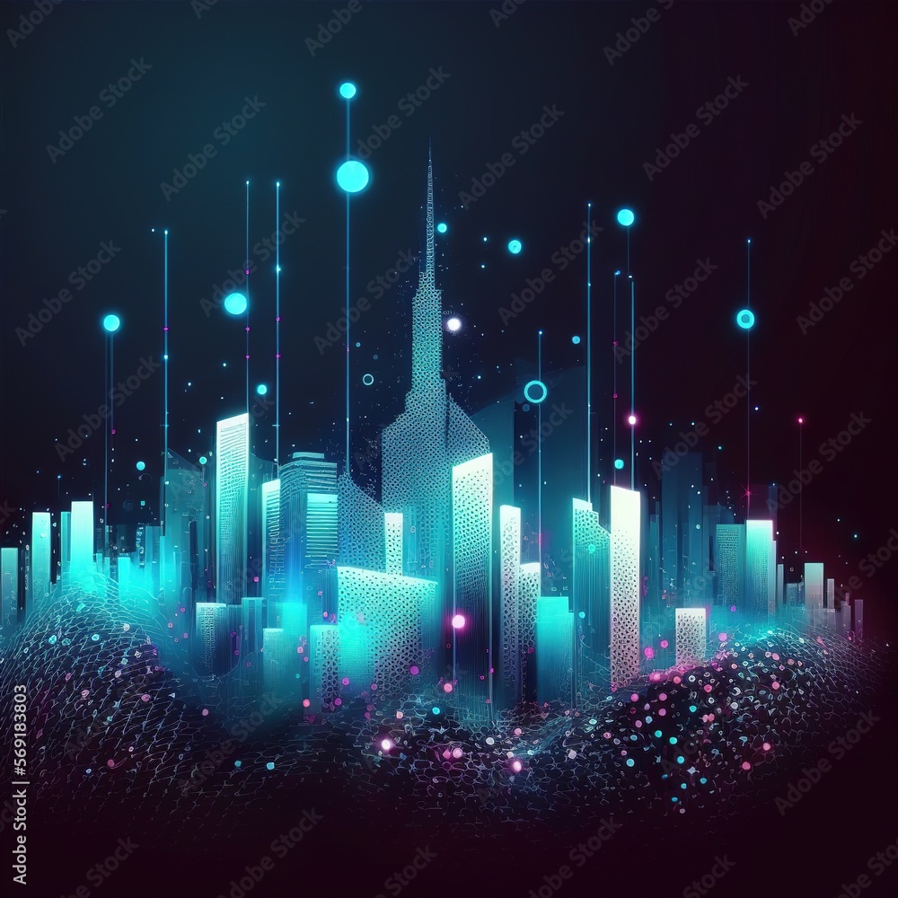 Poster smart city and abstract dot point connect with gradient line, big data connection technology concept