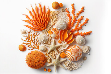 Collection of orange sea shells and corals on white. Generative AI