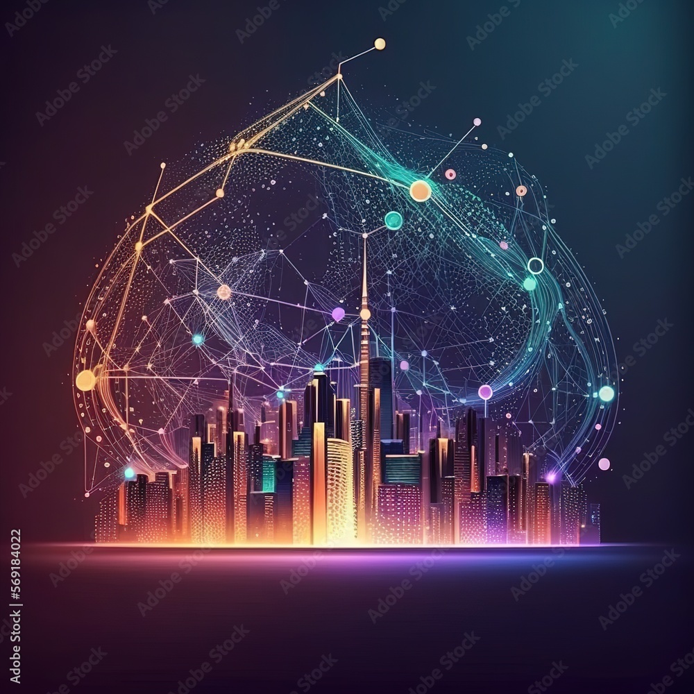 Poster abstract dot point and smart city link to gradient line and aesthetic concept of intricate wave line