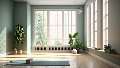 Fototapeta na wymiar Bright and airy yoga studio with a large window, a green wall and a wooden floor. generative ai