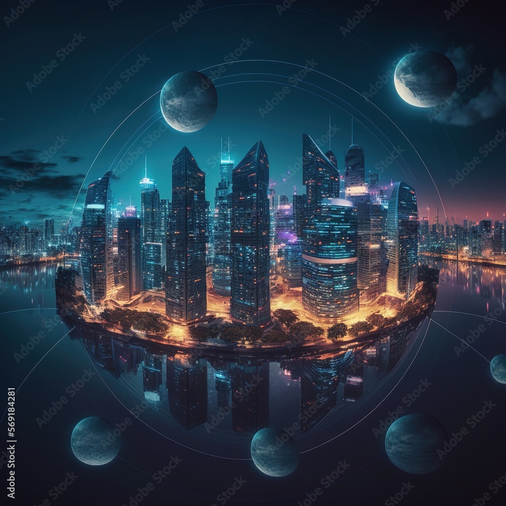 Poster smart city with connection to glowing particle lights, generative ai