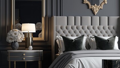 Stylish and sophisticated bedroom with a plush grey bed, a mirrored nightstand and elegant accents. generative ai