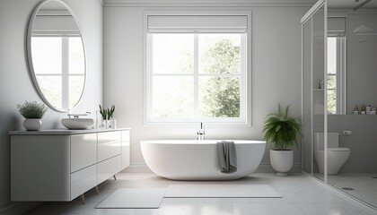 Chic and minimalist bathroom with a standalone tub, a large mirror and clean white fixtures. generative ai