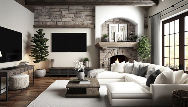 Cozy and comfortable family room with a plush white sectional, a large TV and a stone fireplace. generative ai