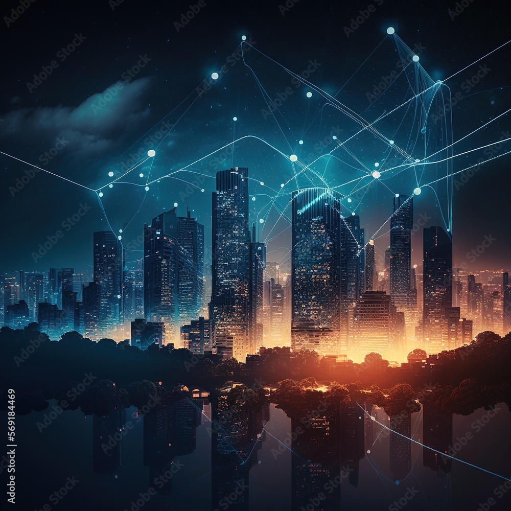Poster smart city with particle glowing light connection, generative ai