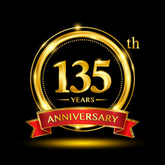 135th Anniversary logo with emblem shape. Logo design with gold ring and red ribbon for birthday celebration event. Logo Vector Template
