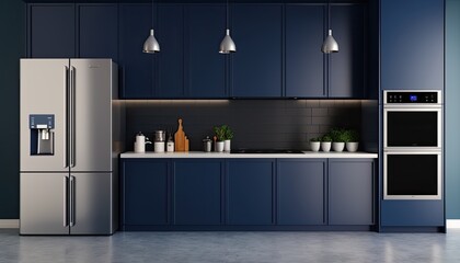 Modern minimalist kitchen with stainless steel appliances and a dark blue backsplash. generative ai - obrazy, fototapety, plakaty