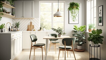 A Scandinavian-inspired kitchen with white cabinetry, a light wood dining table and chairs, and a large green indoor plant. generative ai - obrazy, fototapety, plakaty