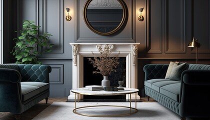 Elegant and classic living room with a plush velvet sofa, a marble coffee table and a grand fireplace. generative ai