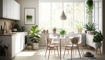 A Scandinavian-inspired kitchen with white cabinetry, a light wood dining table and chairs, and a large green indoor plant. generative ai