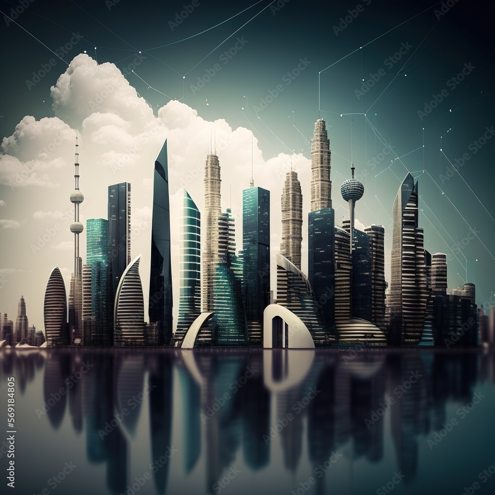 Aufkleber contemporary city with a wireless network connection and a cityscape concept. concept of wireless ne