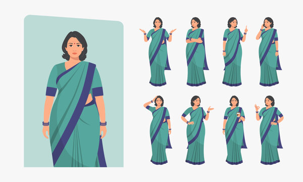 Indian woman character set. Middle aged lady, Character Different poses and emotions