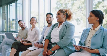 Interview, question and training with a business black woman raising her hand to answer during a meeting. Recruitment, human resources and hiring with a candidate group sitting in a row at an office