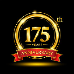 175th Anniversary logo with emblem shape. Logo design with gold ring and red ribbon for birthday celebration event. Logo Vector Template
