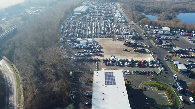 Aerial Footage of Huge Car Parking at Kempston Bedford Town of England UK. The Footage  Was Captured on 06-Feb-2023 with Drone's Camera