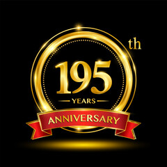 195th Anniversary logo with emblem shape. Logo design with gold ring and red ribbon for birthday celebration event. Logo Vector Template