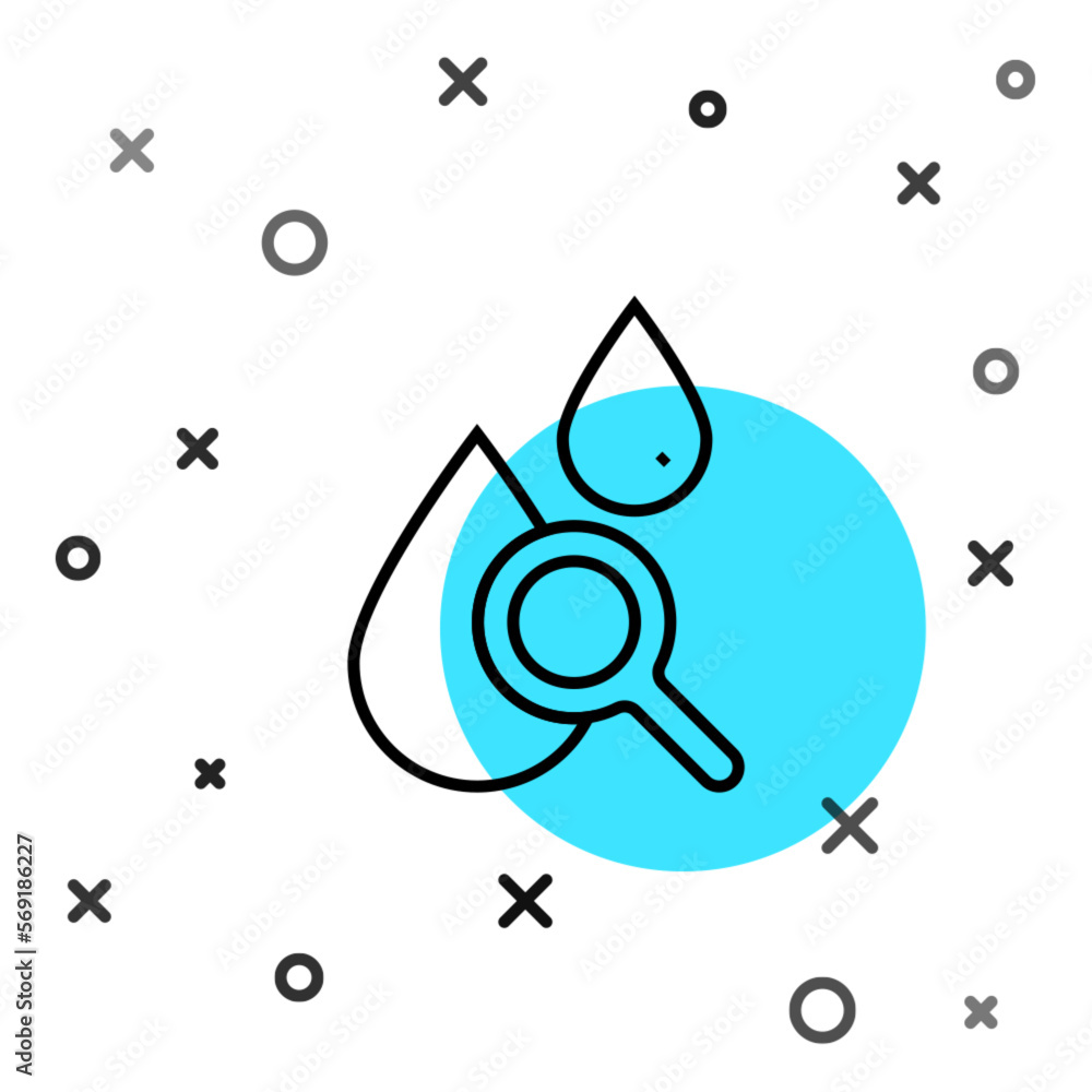 Poster black line drop and magnifying glass icon isolated on white background. random dynamic shapes. vecto