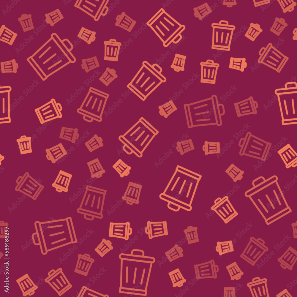 Poster brown line trash can icon isolated seamless pattern on red background. garbage bin sign. recycle bas