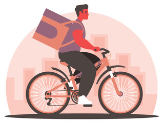 Food delivery. Delivery man on a bicycle carrying a ready meal. Vector graphics