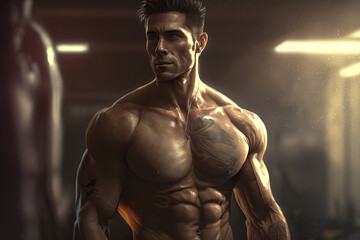 Fototapeta na wymiar portrait of a muscular male athlete in the gym. Generative AI