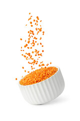 Lentil seeds flying out of white plate isolated on white background