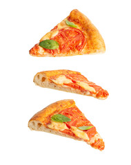 Pieces of falling pizza on a white background. Pizza margherita. Levitation. Fast food.